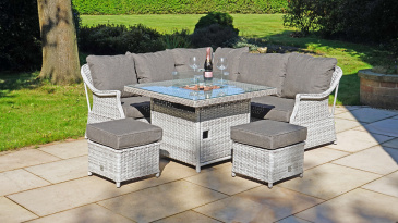 Liv Outdoors - Heritage Rattan Sofa Dining Set with Square Fire Pit Table in Light Grey